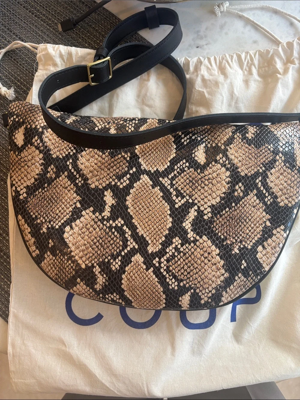 Clare V Grande Snake Print Half-Moon Crossbody Bag in Tan & Black